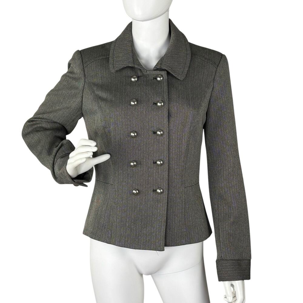 Womens Double Breasted Blazer Jacket Military Herringbone Black White Size M0